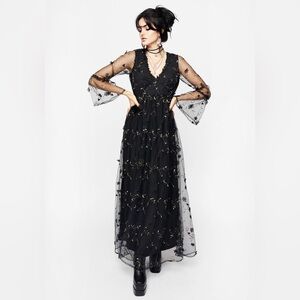 Disturbia Chrysanthi Applique Maxi Dress with Black Gold Floral Accents US 6